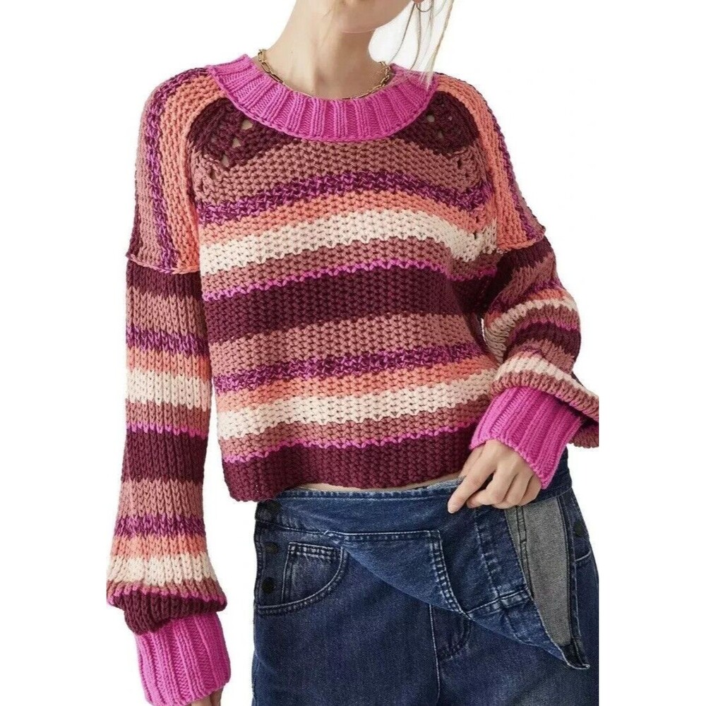 MSRP$98 Free People Devon Stripe Crop Sweater in Fuschia Rose Combo‎ Size XS NWT